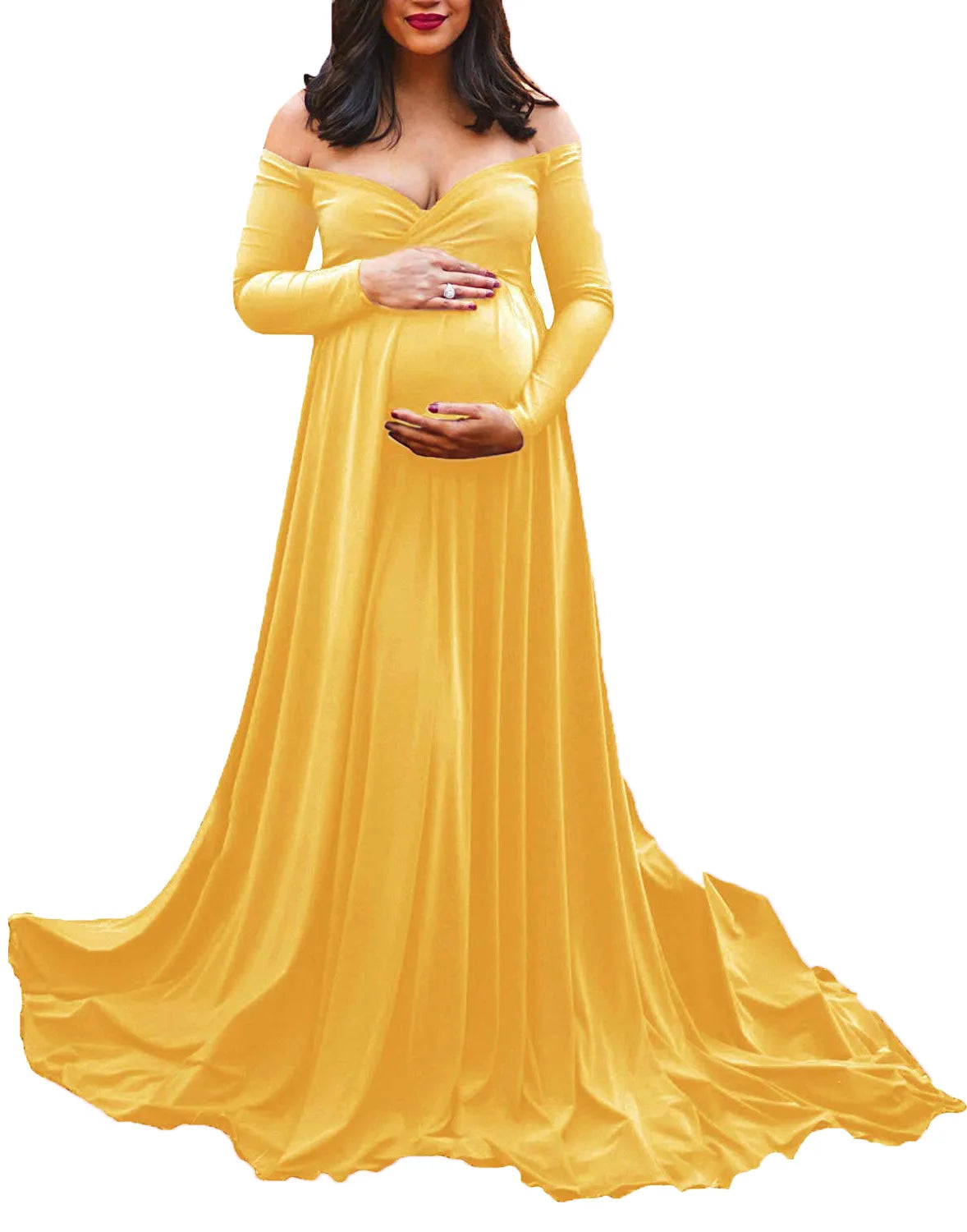 Elegant European and American women's maternity maxi dress with V-neck, silk-cotton blend fabric, train, and flared design for photoshoots.