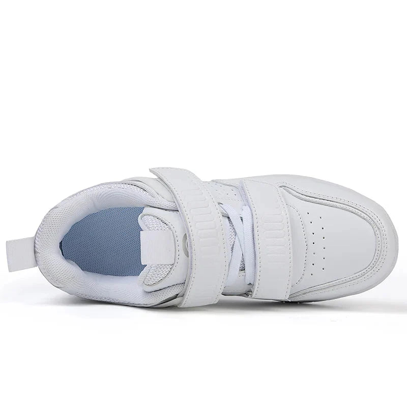 Kids white roller skates with two wheels and chunky skateboard-style shoes, featuring a sleek design and comfortable fit.