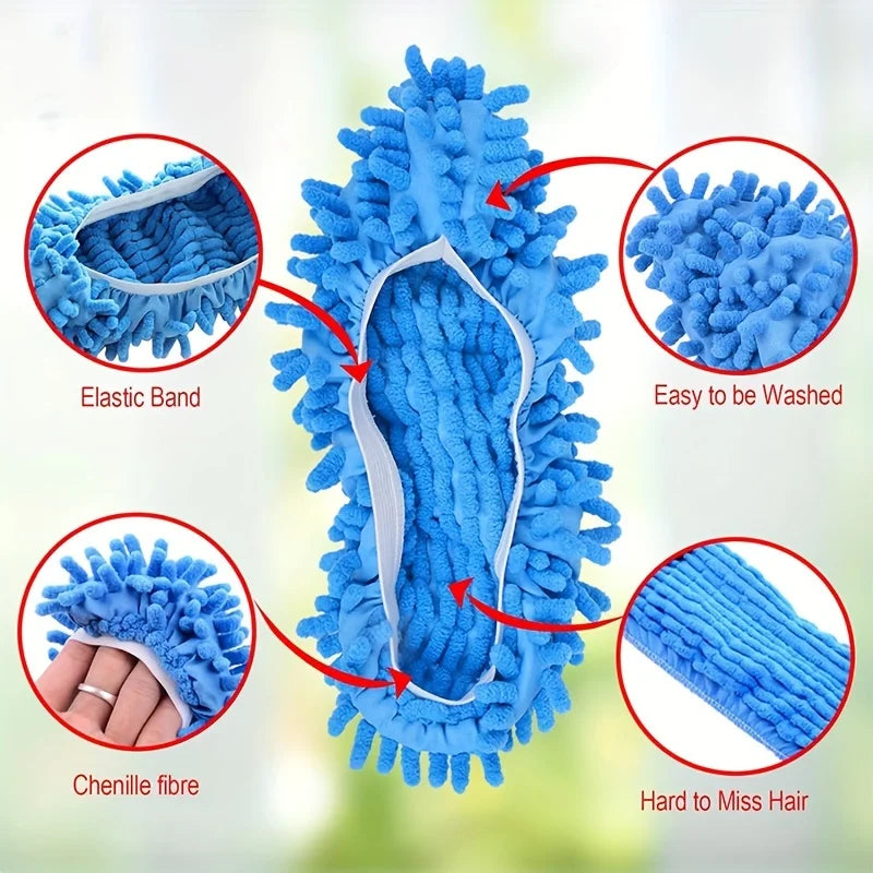 Showlu microfiber mop slippers with washable chenille soles for effective floor cleaning and dusting.