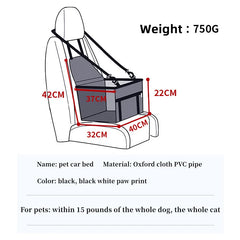 A black pet car carrier seat with dimensions labeled in centimeters on a white background.