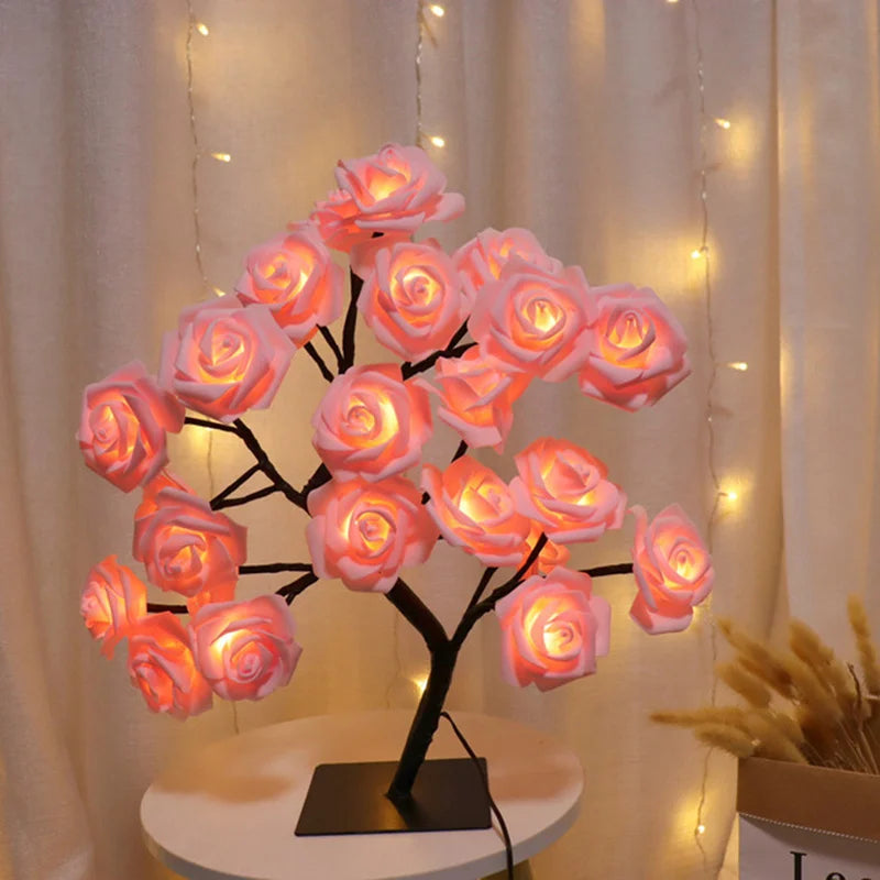SHOWLU LED Rose Flower Table Lamp with stainless steel base, fairy night light, elegant decorative lighting for home decor.