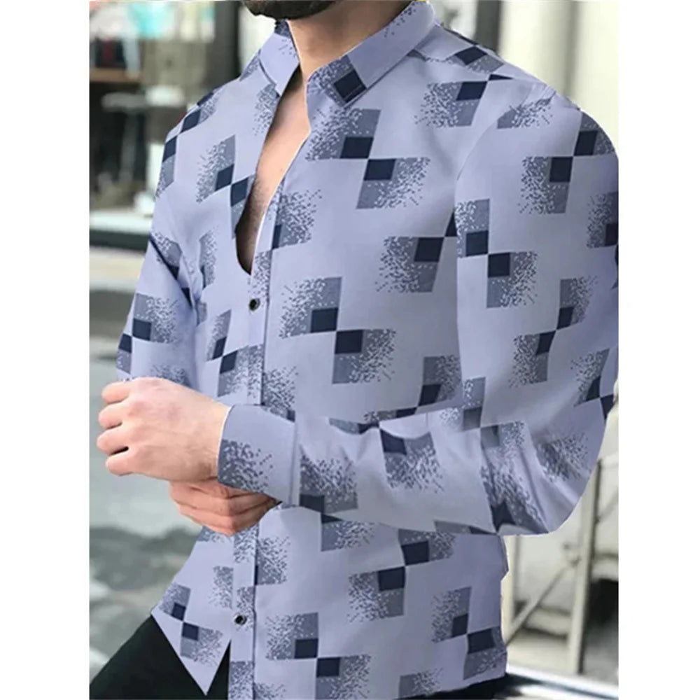 Men's long sleeve casual shirt with lapel and single-breasted design, stylish streetwear fashion men's clothing.