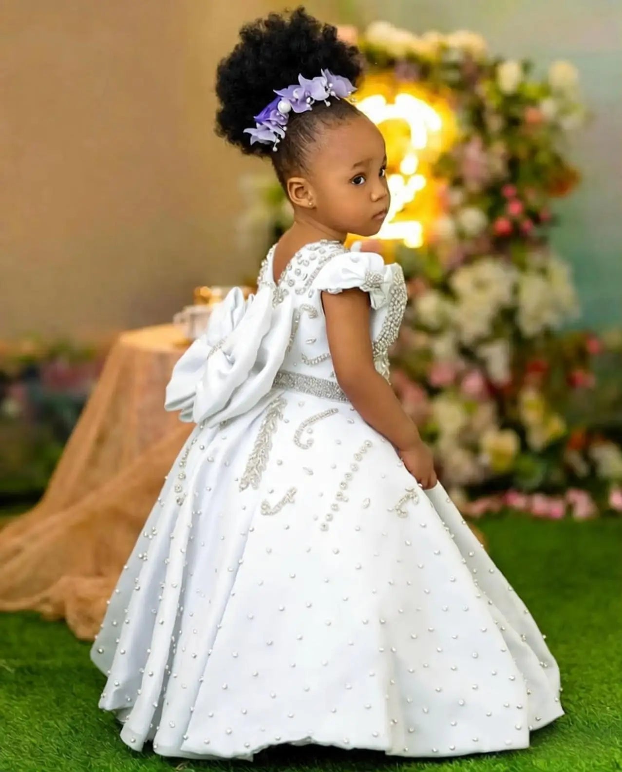 Lavender beaded queen ball gown for girls with intricate detailing, luxurious fabric, and a flowing skirt, by 1170uf-he.