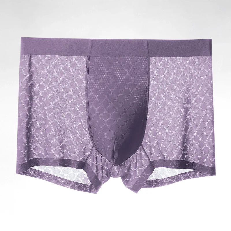 Ice silk men's boxer briefs by Showlu Fashion, lightweight, breathable seamless shorts designed for comfort and summer wear.