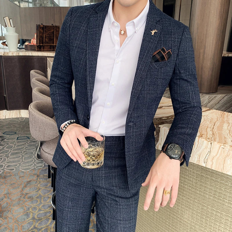 British Style Business Fashion Casual Suit Two-piece (jacket+pants) 2023 Spring New Men's Wedding Dress Large Size 6XL 7XL