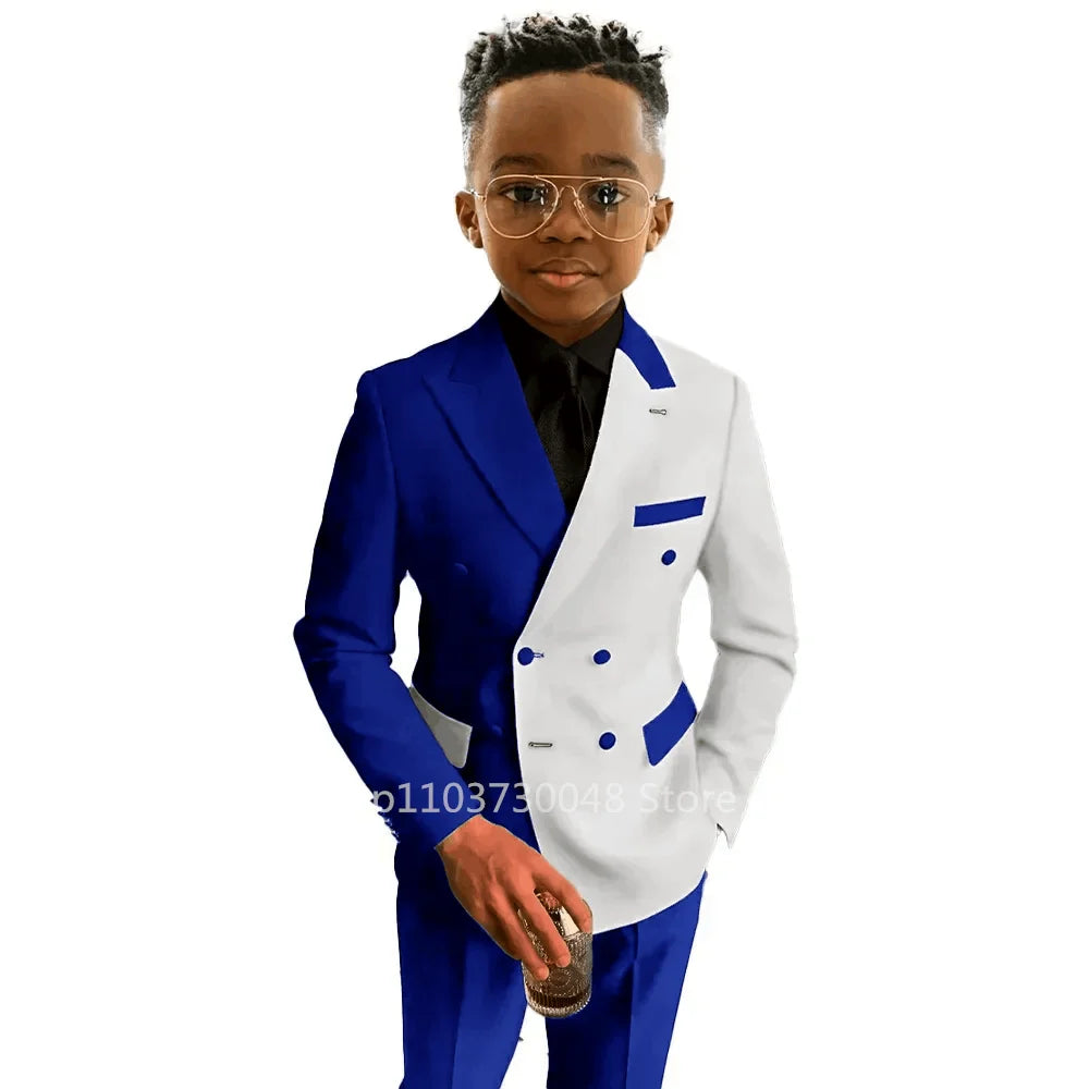 SHOWLU Boys' 2-Piece double-breasted suit with peak lapel, featuring a formal blazer and matching trousers, suitable for special occasions.
