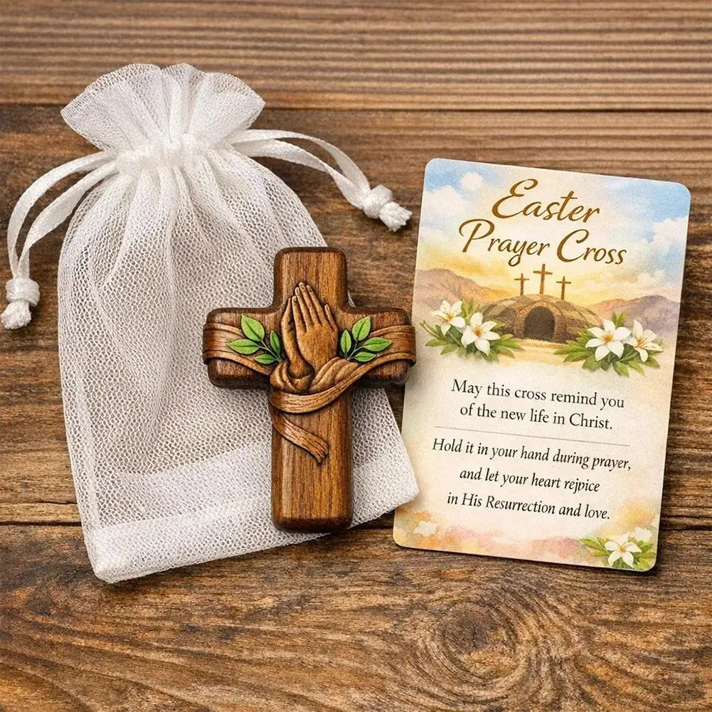 Small wooden pocket prayer cross with card, portable Christian cross with bag for Easter, Christmas, or church favors.