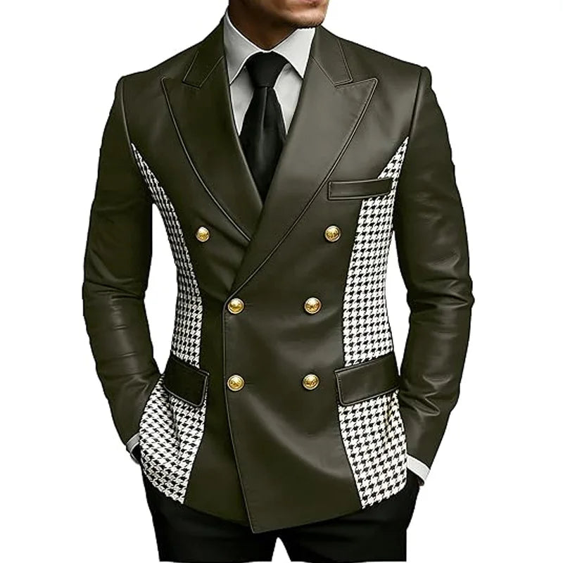 Men’s brown leather blazer with houndstooth side panels, vintage double-breasted design, slim fit, gold buttons, leather tuxedo jacket