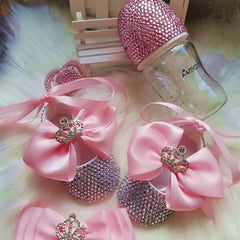 Dollbling Girls Pink Crown Ballerina Baptism Shoes Infant Dazzling Shoes Dress Handmade Mommy Daughter Outfit Bling Botties