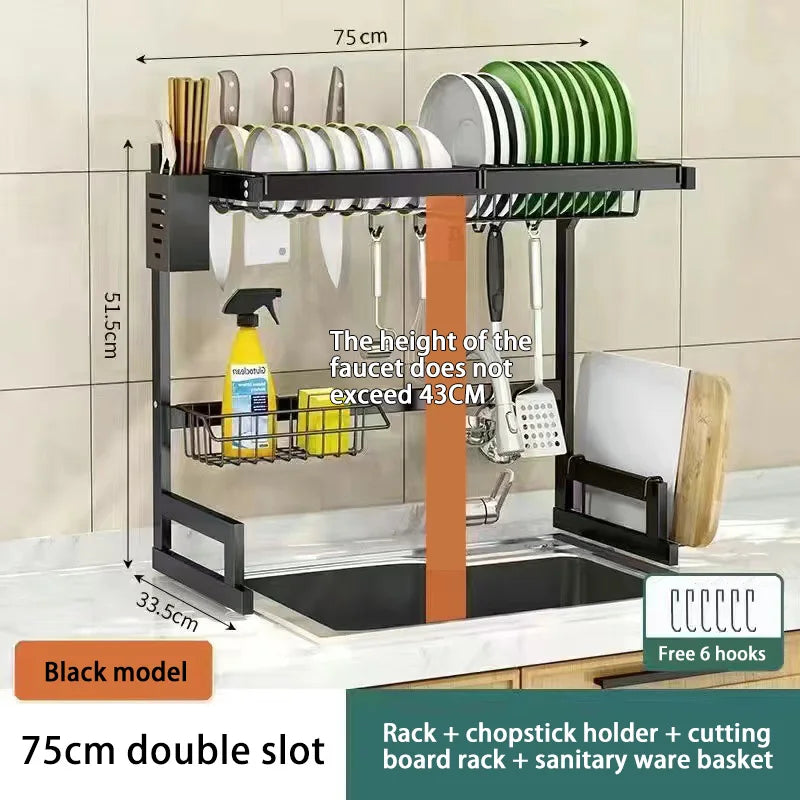 Stainless steel kitchen sink dish drain rack and utensil holder with slots for drying dishes and space for utensils.