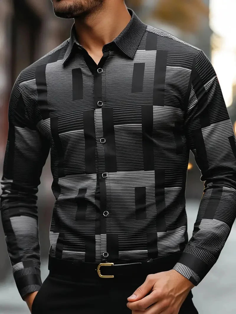 Showlu men's 3D flower printed casual silk long sleeve shirt, stylish and comfortable for everyday wear.