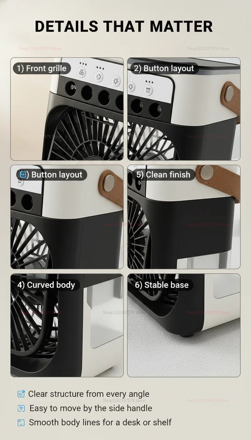 Showlu Smart Portable USB air cooler fan with 3-speed settings, mini water mist humidifier, LED lighting, desktop cooling fan