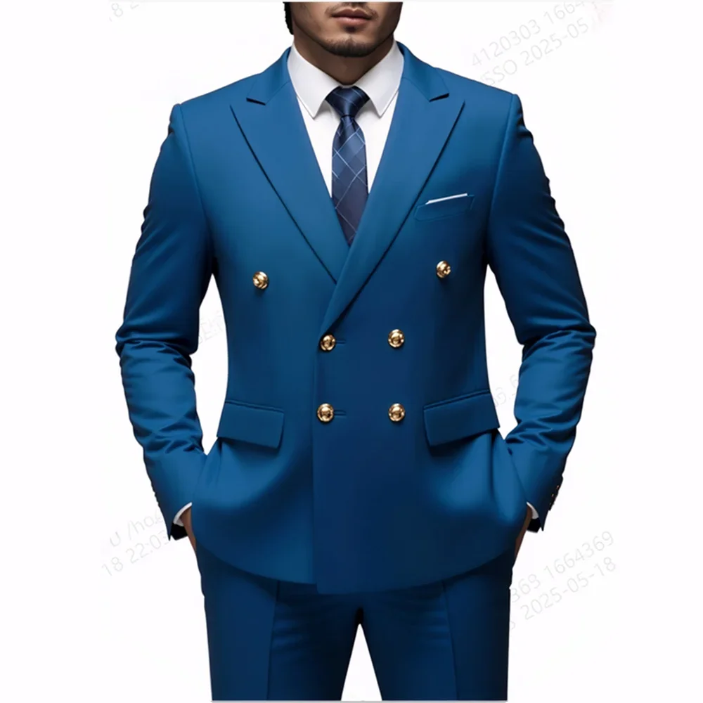Black men's double-breasted slim fit suit with gold buttons, ideal for weddings, parties, or prom from Showlu Fashion Store.