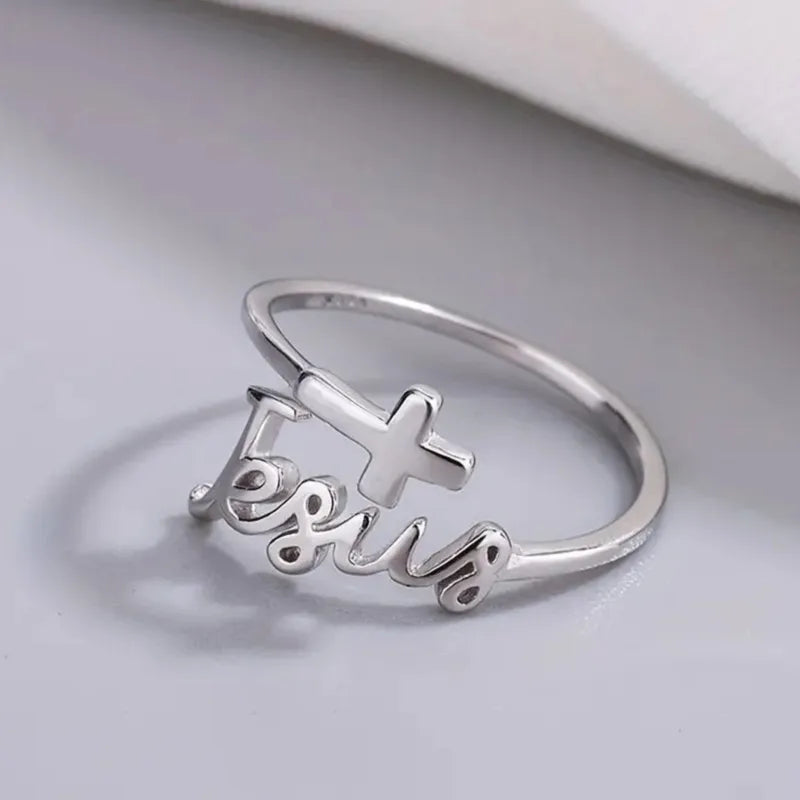 Showlu Silver Cross Jesus Zircon Ring featuring a religious design with sparkling zircon stones, ideal for prayer jewelry.