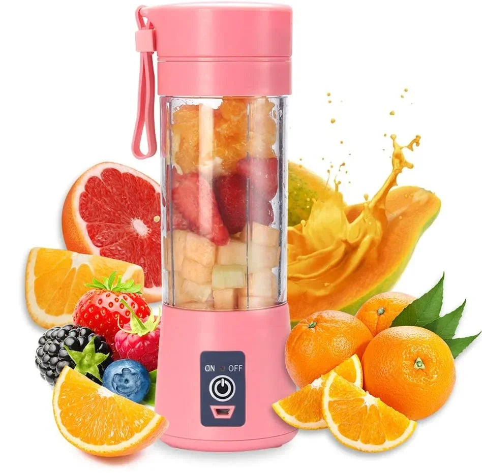 Portable mini USB juicer blender from Showlu Fashion Store, showing compact design and blending jar with fresh fruit inside.