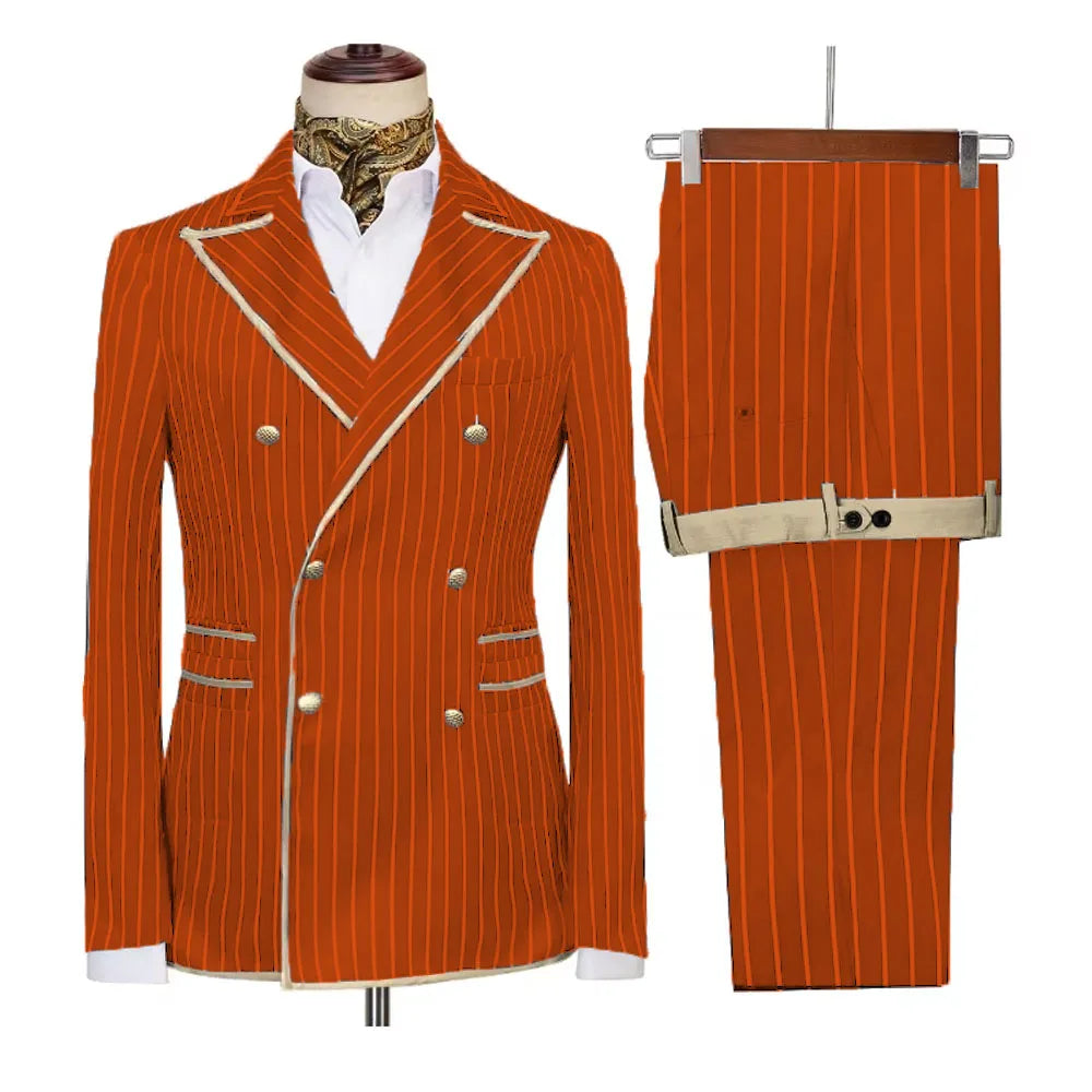 Showlu Fashion men's double-breasted striped suit blazer and matching pants, slim fit, peak lapel, formal and smart casual style