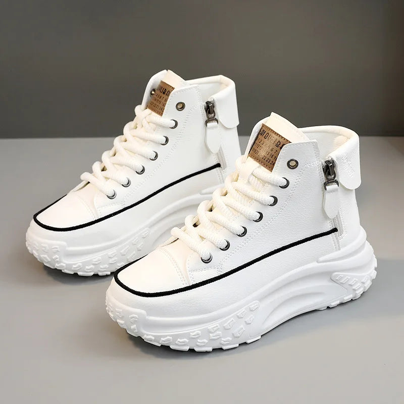 Showlu Fashion Store high top women's shoes with thick soles, round toe, and stylish design for autumn, comfortable and height-increasing