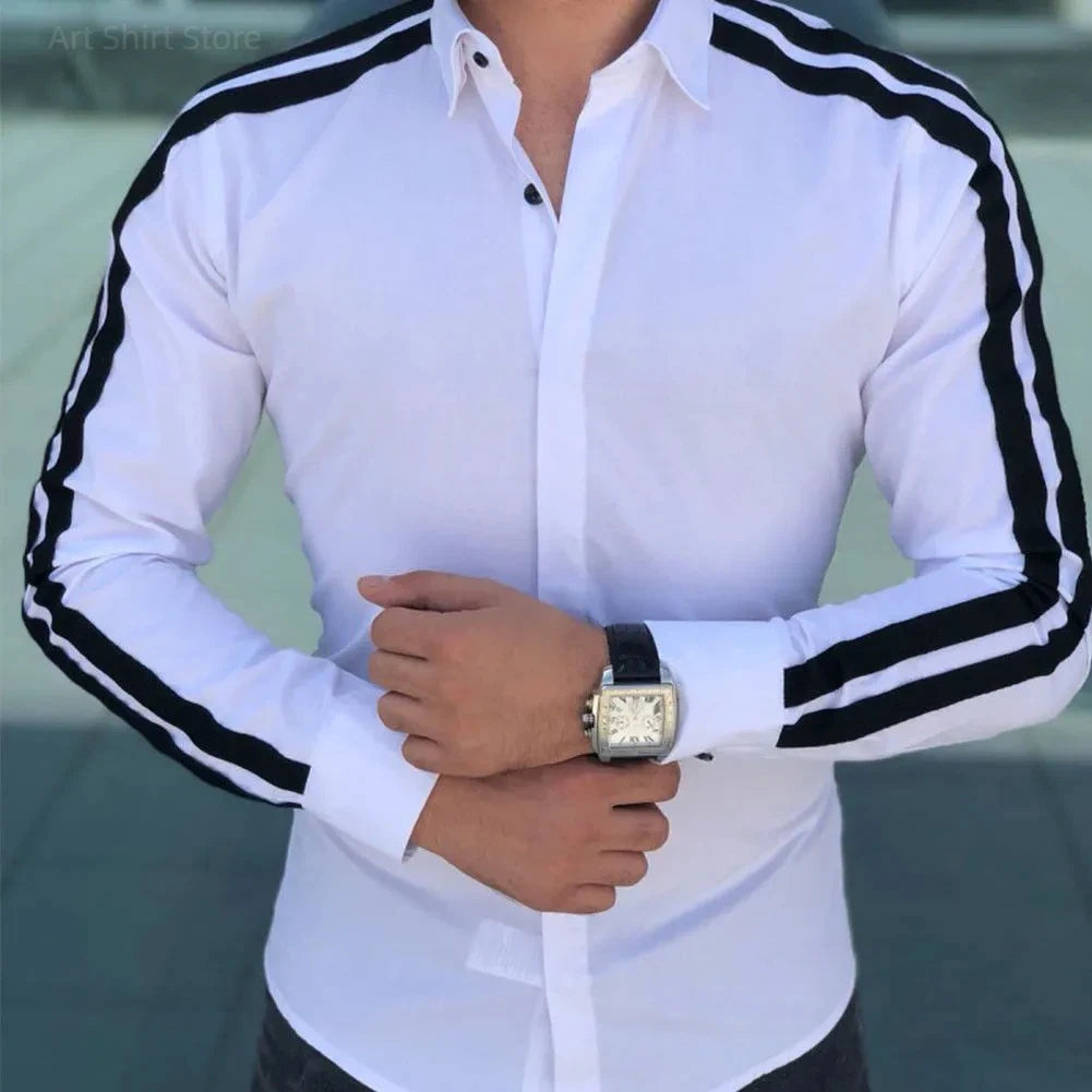 Showlu men's long sleeve shirt with blue and white stripes, made from bamboo fiber, casual and business style.
