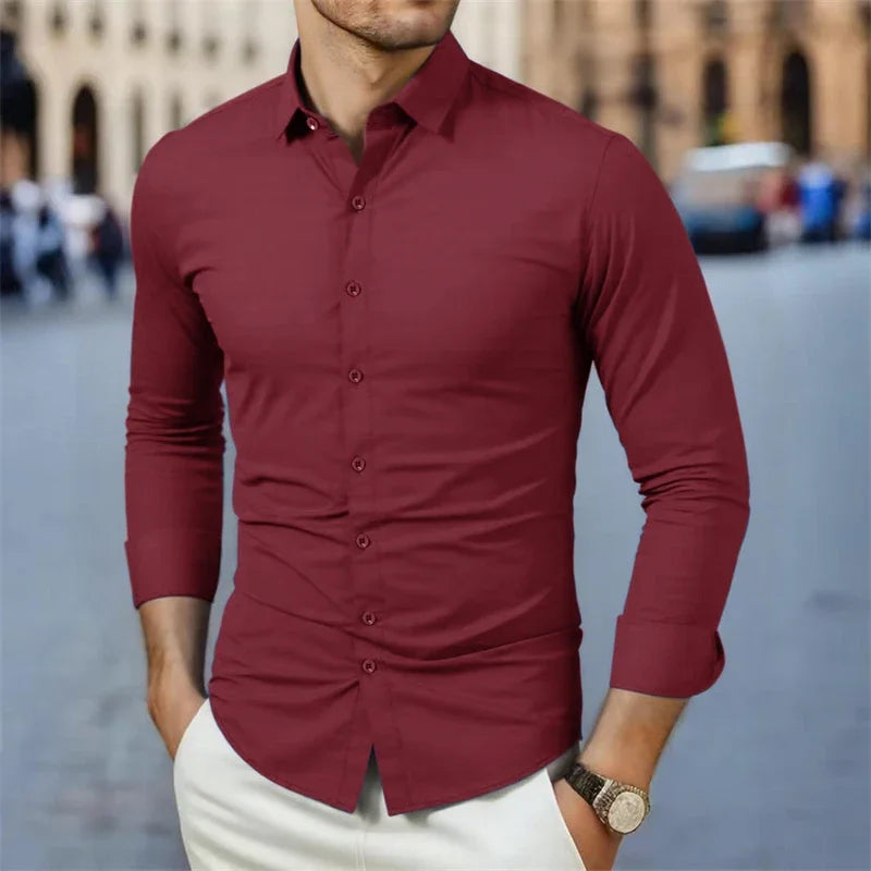 Men's business casual long sleeve solid color shirt by Showlu Fashion, wrinkle-resistant, comfortable, versatile all-season top.