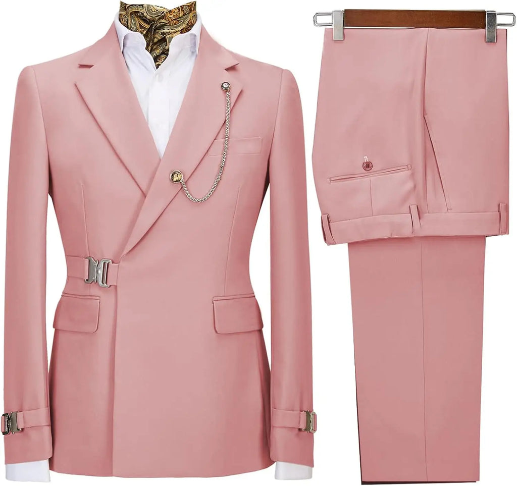 Men's slim fit suit with metal clasp, stylish business casual tuxedo, shown in a professional presentation image.