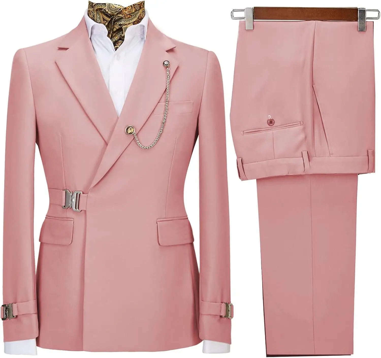 Men's slim fit suit with metal clasp, stylish business casual tuxedo, shown in a professional presentation image.