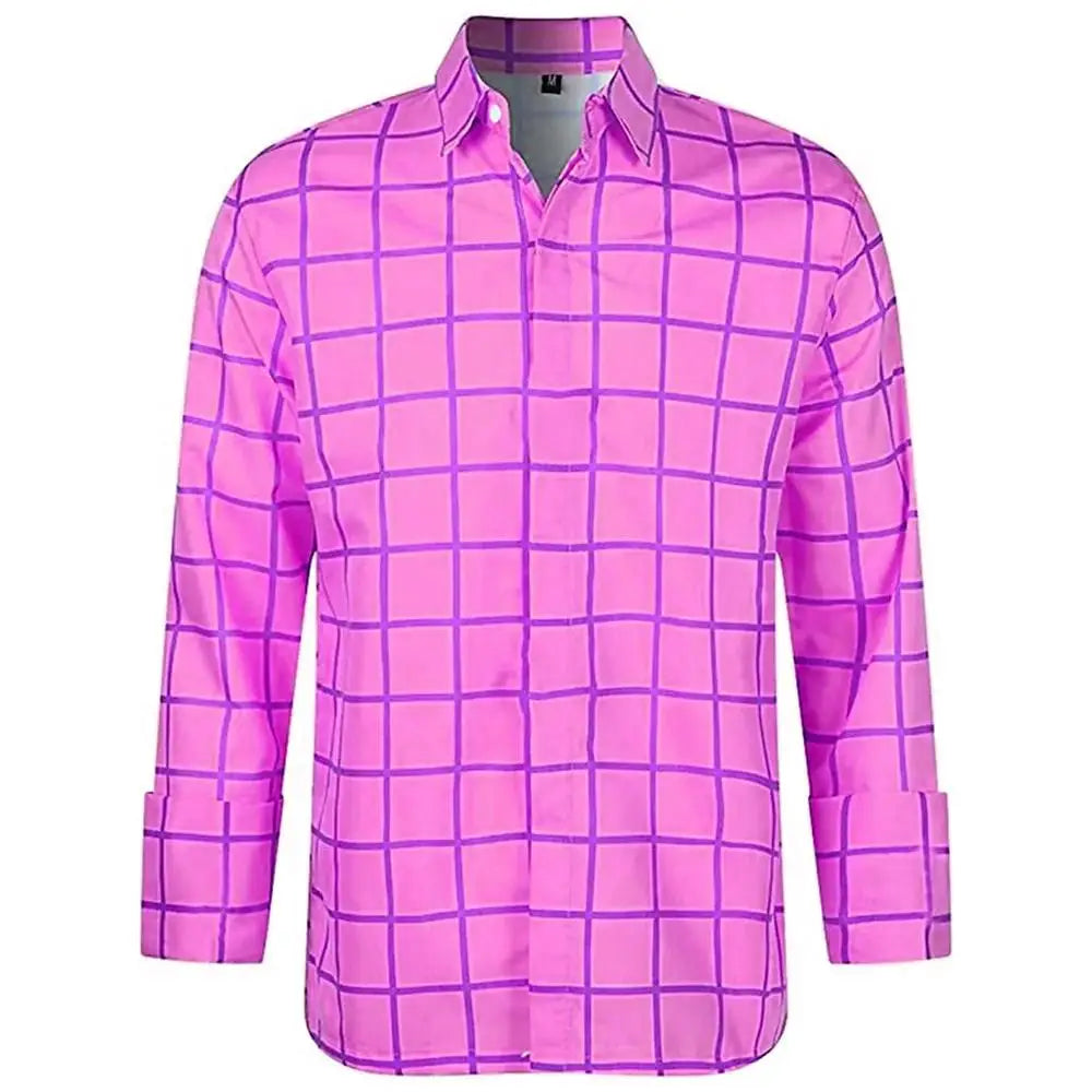 Men's long sleeve plaid casual shirt with 3D print, featuring a lapel design, suitable for summer, unisex fashion by Showlu Fashion.