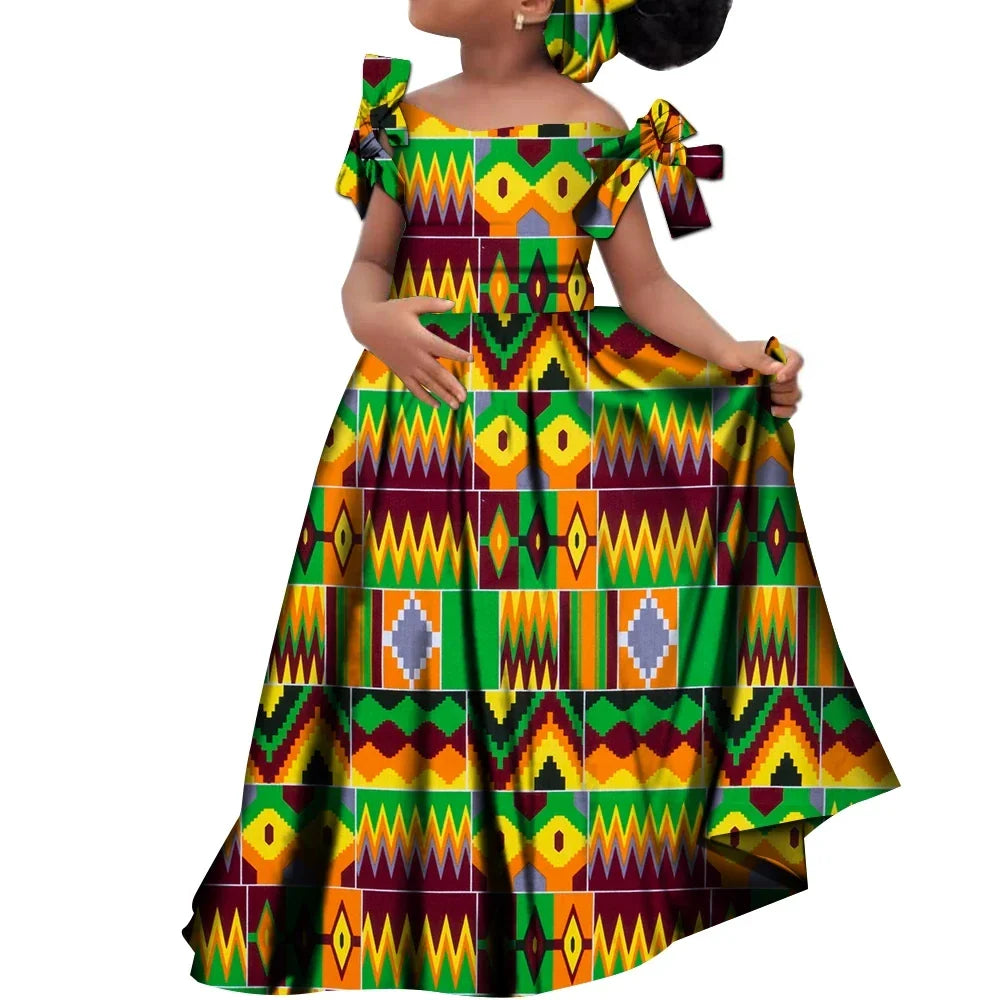 African dashiki cotton dress with matching headscarf for girls, featuring vibrant patterns and traditional African design.