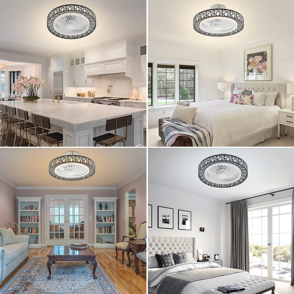 Modern Showlu Fashion ceiling fan with integrated light and adjustable LED breeze, sleek design visible in the image.