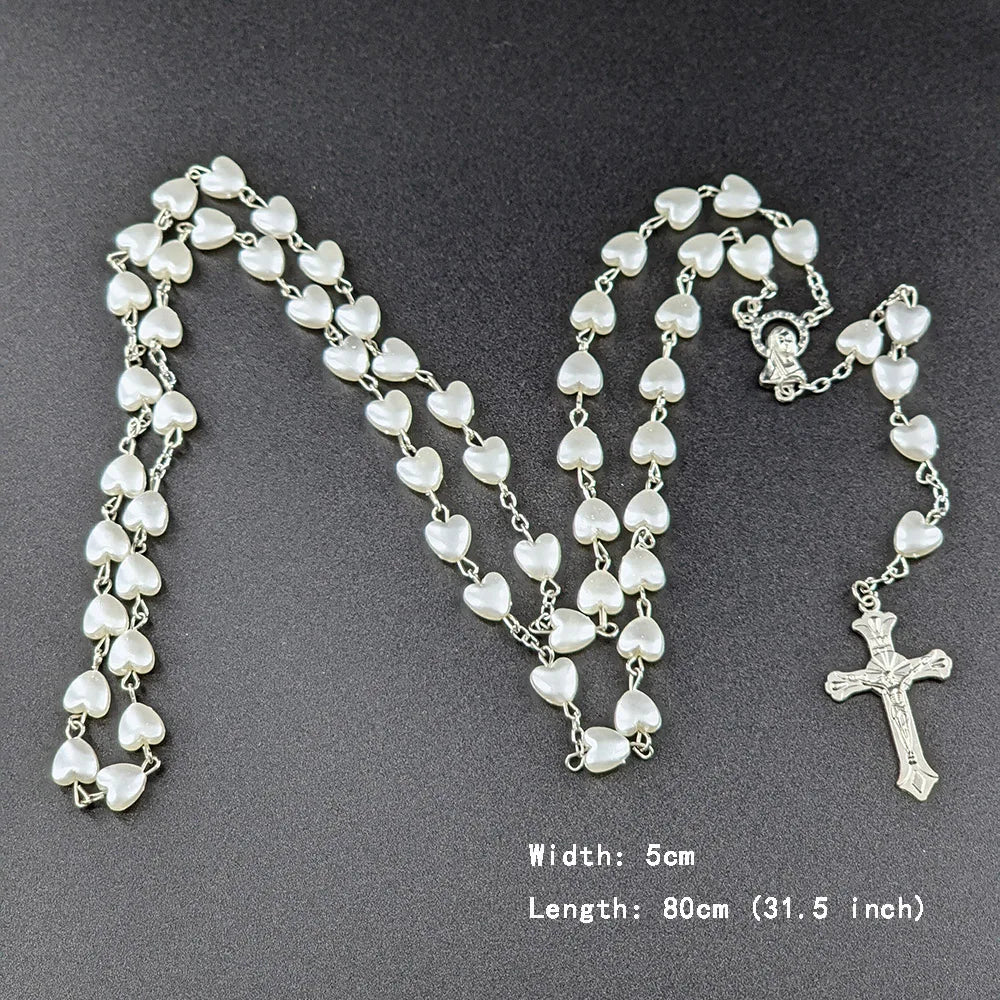 Pink Christian rosary beads necklace for women with Virgin Mary and INRI cross pendant, delicate heart chain for prayer and religious jewelry