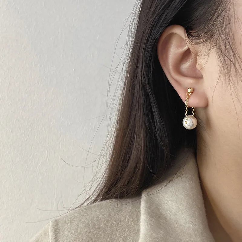 Vintage simple pearl mosquito coil clip earrings for women, dangling chain drop jewelry, painless non-piercing party accessories
