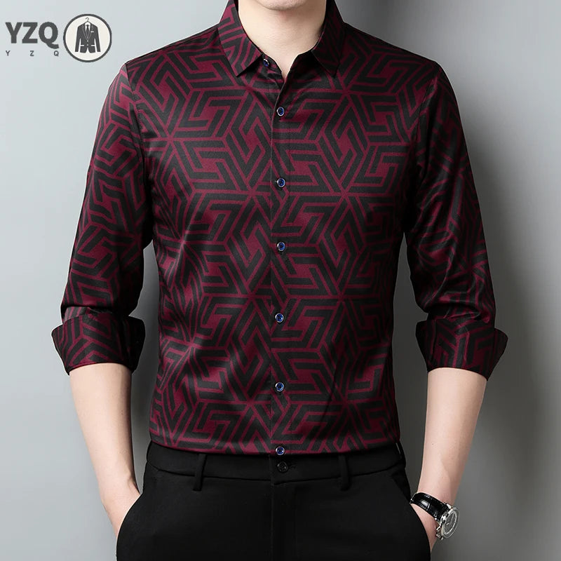 Men's casual printed long sleeve lapel shirt by Showlu Fashion Store, wrinkle-free, comfortable spring and autumn top, without ironing.