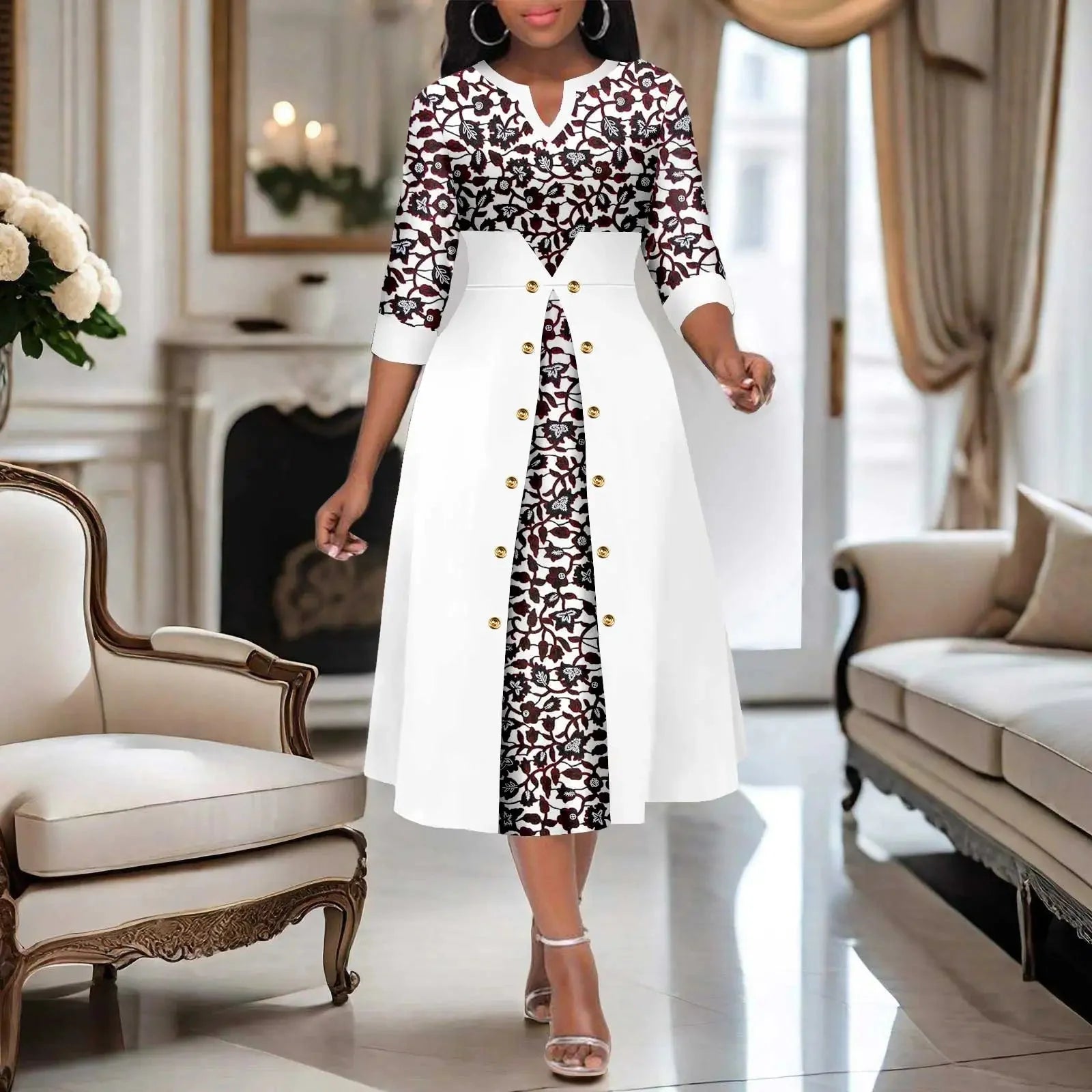African print women's Ankara V-neck dress by SHOWLU FASHION STORE, featuring a cotton A-line midi skirt with vibrant patterns.