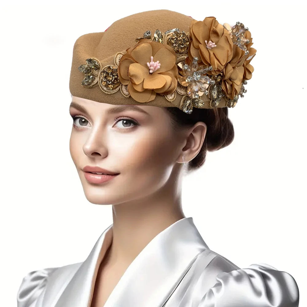 Women Air Stewardess Hat Rhinestone Flower Church Derby Beret Hats for Party Wool Felt Pillbox Costume Cosplay Caps Accessores