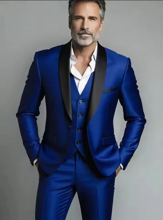 Men's formal business suit including jacket, vest, and trousers in solid color, suitable for office, weddings, and parties