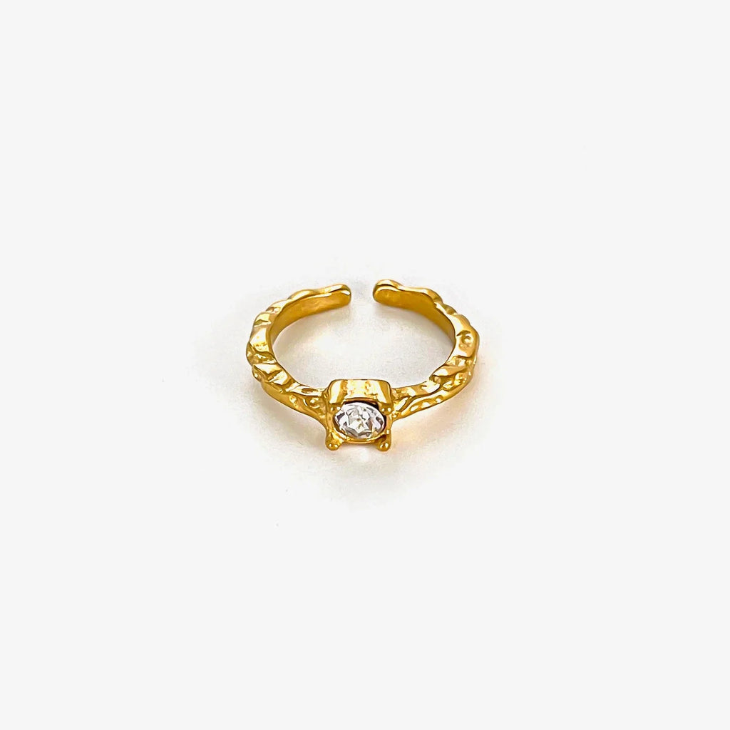Gold plated stainless steel open ring with vintage moonstone and zircon accents, showcasing elegant jewelry design.