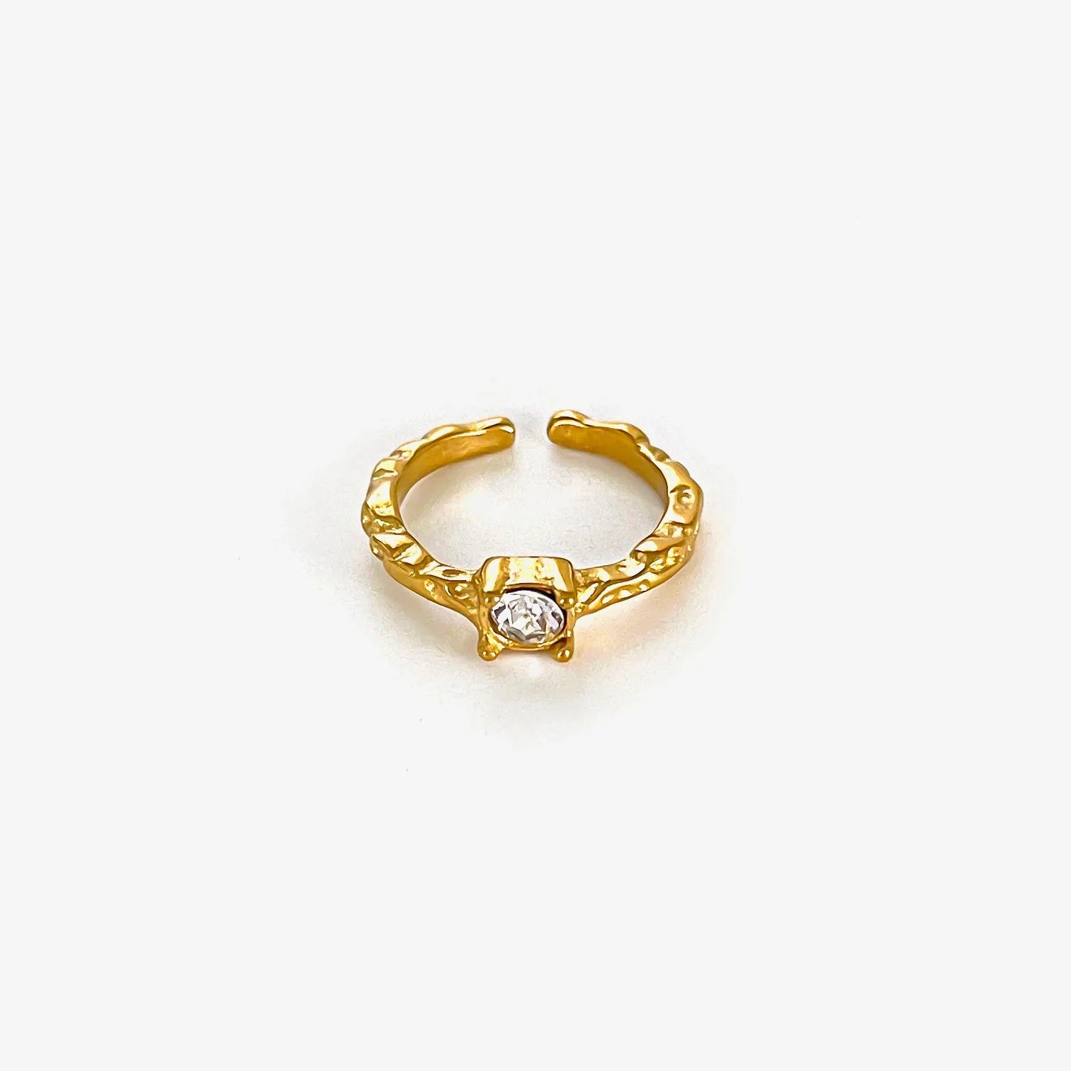 Gold plated stainless steel open ring with vintage moonstone and zircon accents, showcasing elegant jewelry design.