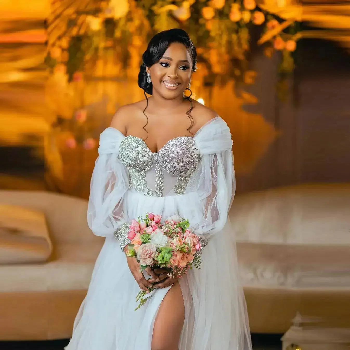White tulle A-line wedding dress with rhinestones and off-shoulder design by YiMinpwp, featuring a flowing silhouette and elegant details.