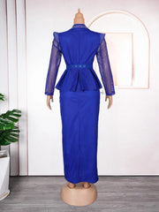 Women Fashion Celebrate Evening Party Dress Turn Down Neck Diamond See Through Long Sleeve Slim Slit Birthday Wedding Guest Robe