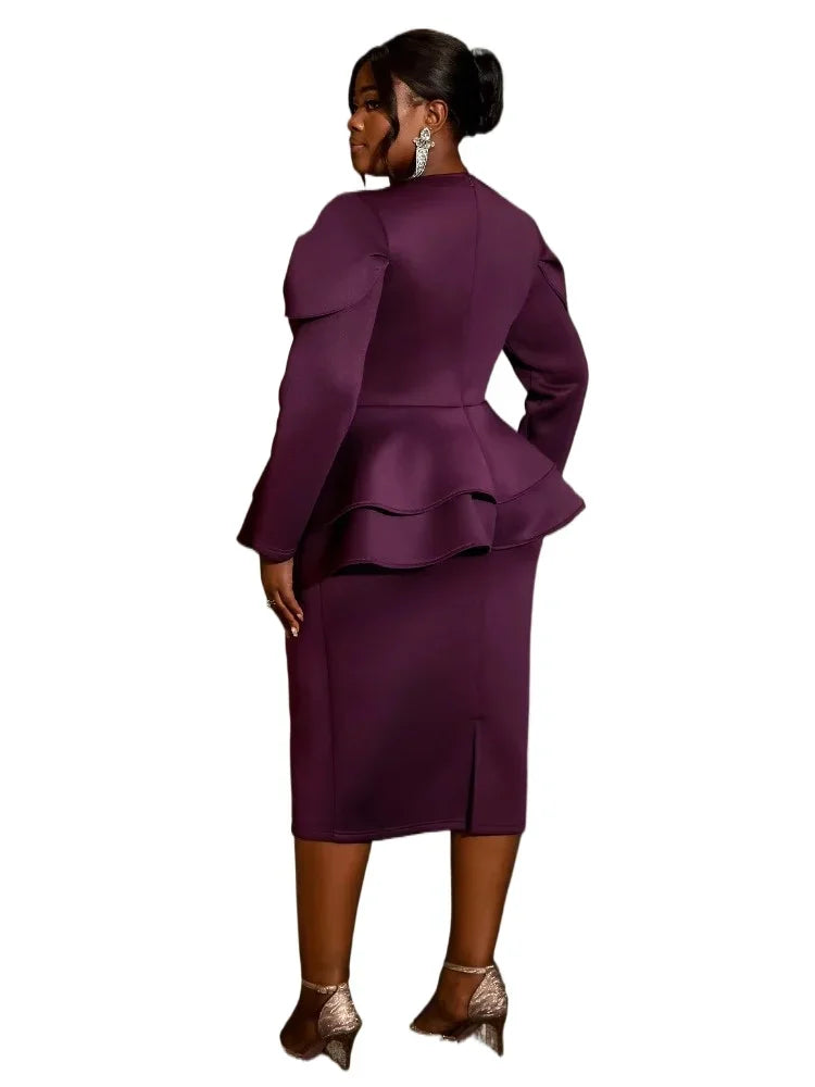 Purple Round Neck Silver Thread Embroidered Floral Long Sleeve Evening Dress Elegant for Special Occasions Perfect for Banquets