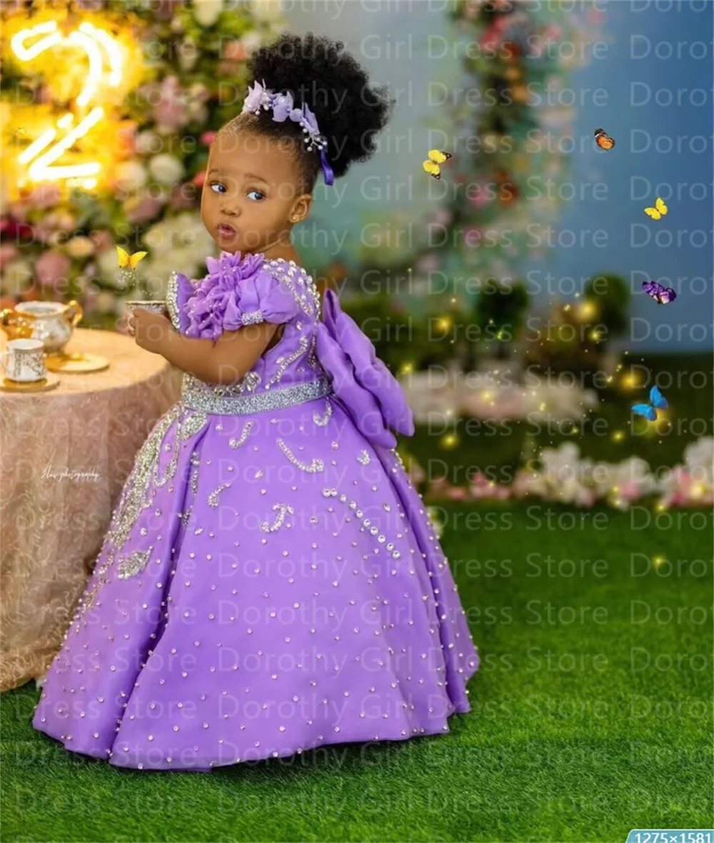 Luxury lavender beading flower girl dress by Showlu Fashion Store, featuring elegant floral details for weddings and special occasions.