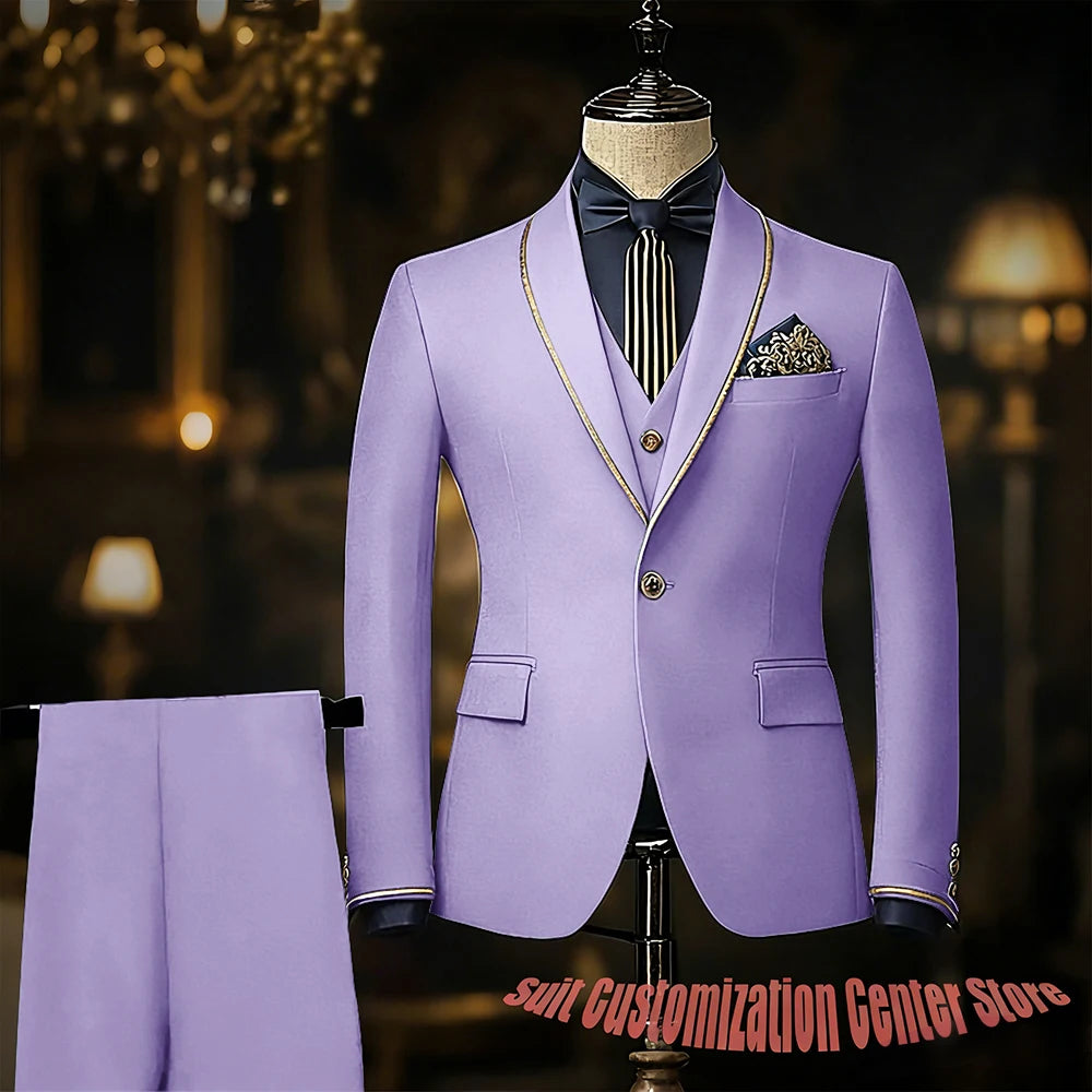 Navy blue men's slim fit wedding tuxedo with jacket, vest, and pants, featuring shawl lapel, suitable for groom or prom events.