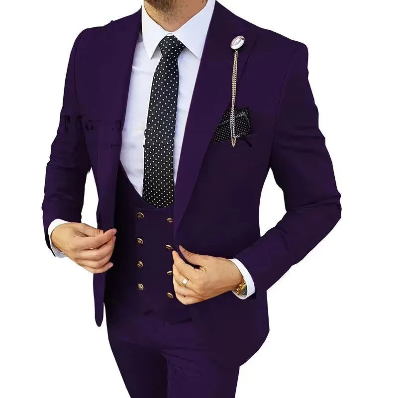 Kromoc men's 3-piece slim fit wedding suit with wool blend fabric and peak lapel, shown in a stylish dark color.
