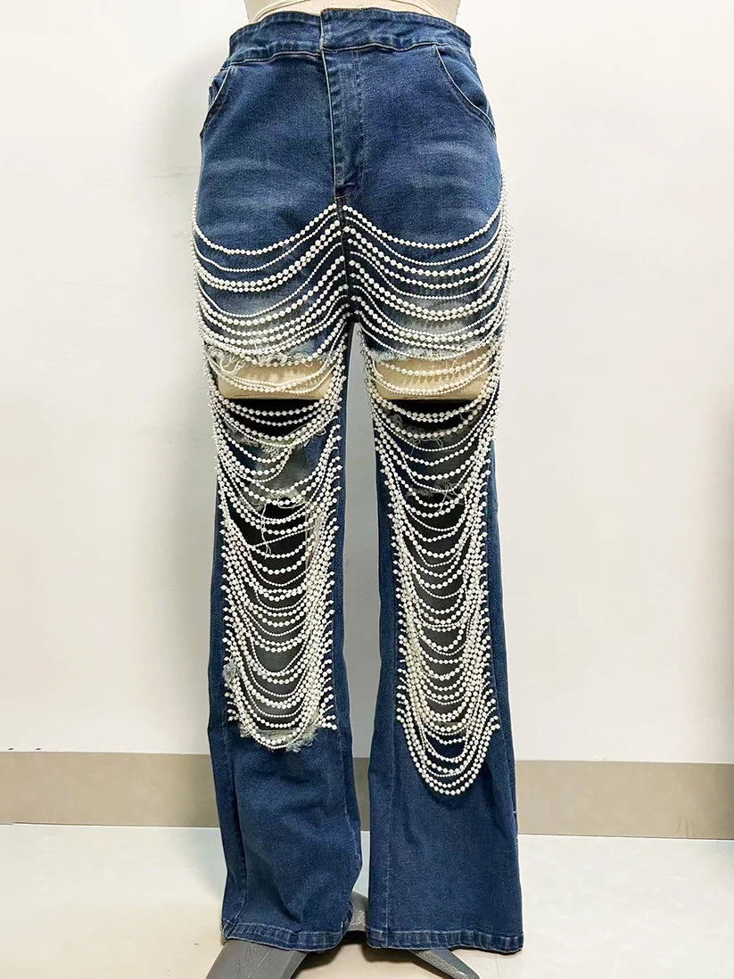 2024 women's large hole bead chain straight leg pants torn jeans black blue elastic fashionable slim fit denim pants