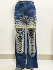 2024 women's large hole bead chain straight leg pants torn jeans black blue elastic fashionable slim fit denim pants