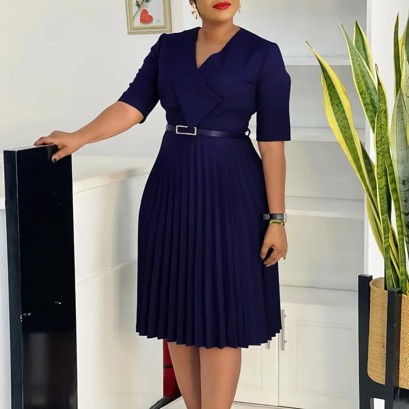 Showlu Women's V-Neck Pleated African Maxi Dress in plus size, featuring elegant flowy fabric and stylish evening gown design.