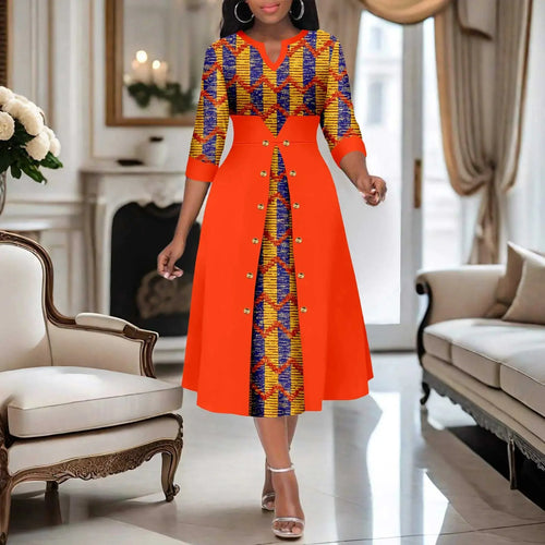 AFRIPRIDE women's Ankara print V-neck dress with cotton fabric and A-line midi skirt, featuring vibrant traditional patterns.