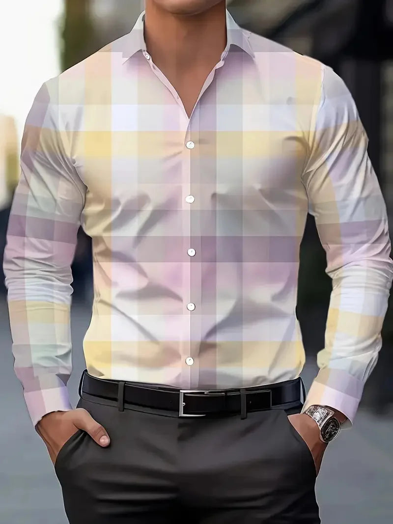 Men's checkered collar shirt with long sleeves, casual spring design, comfortable color-blocked top by Showlu Fashion Store.