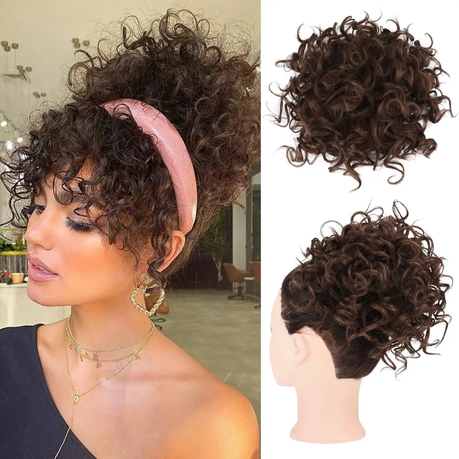 Synthetic Messy Bun Hair Piece 60g Elastic Drawstring Loose Wave Curly Hair Buns Hair Piece Extensions For Women Dark Brown