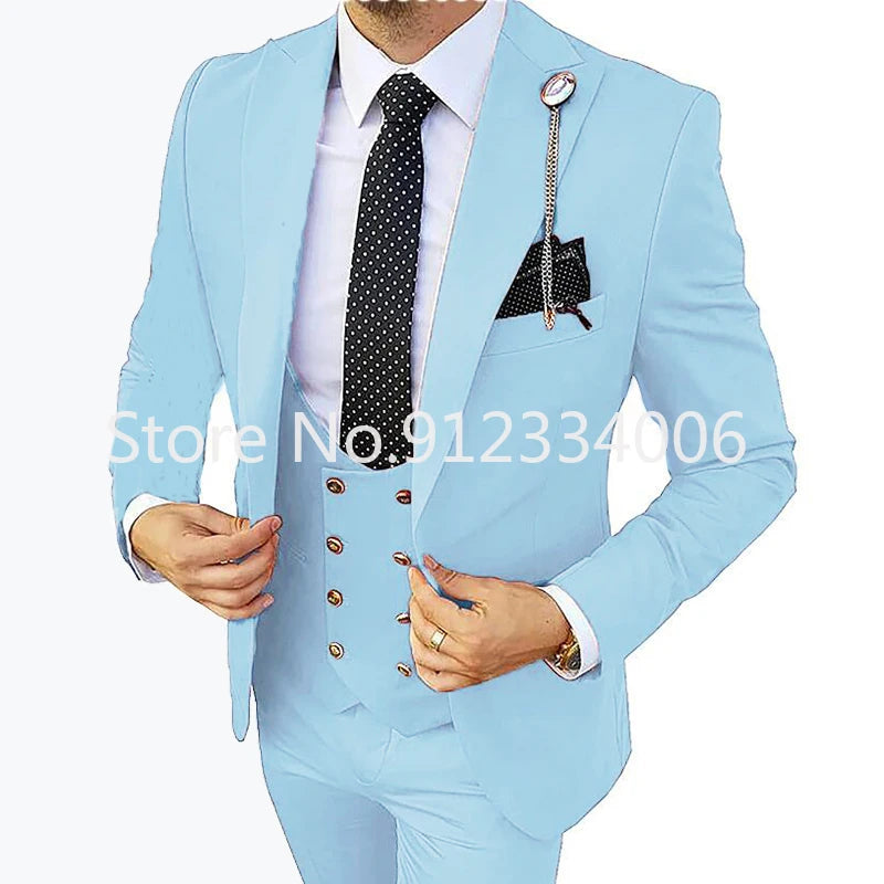 Formal men's 3-piece wedding suit by Showlu Fashion, slim-fit champagne tuxedo with blazer, pants, and vest for groom or business wear.