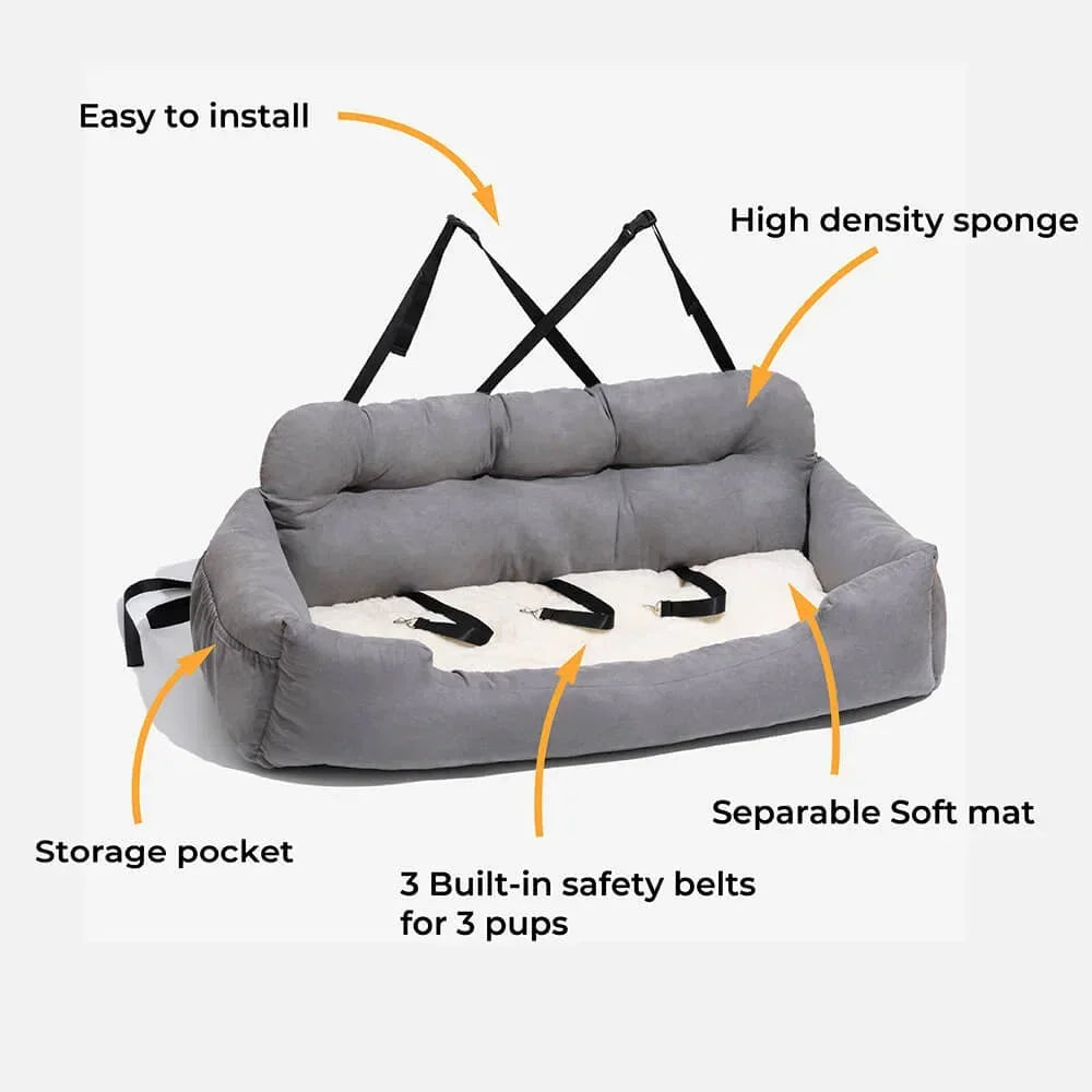 Large suede VOFORD dog car seat bed with bolster, designed for travel and comfort in a pet carrier bag.